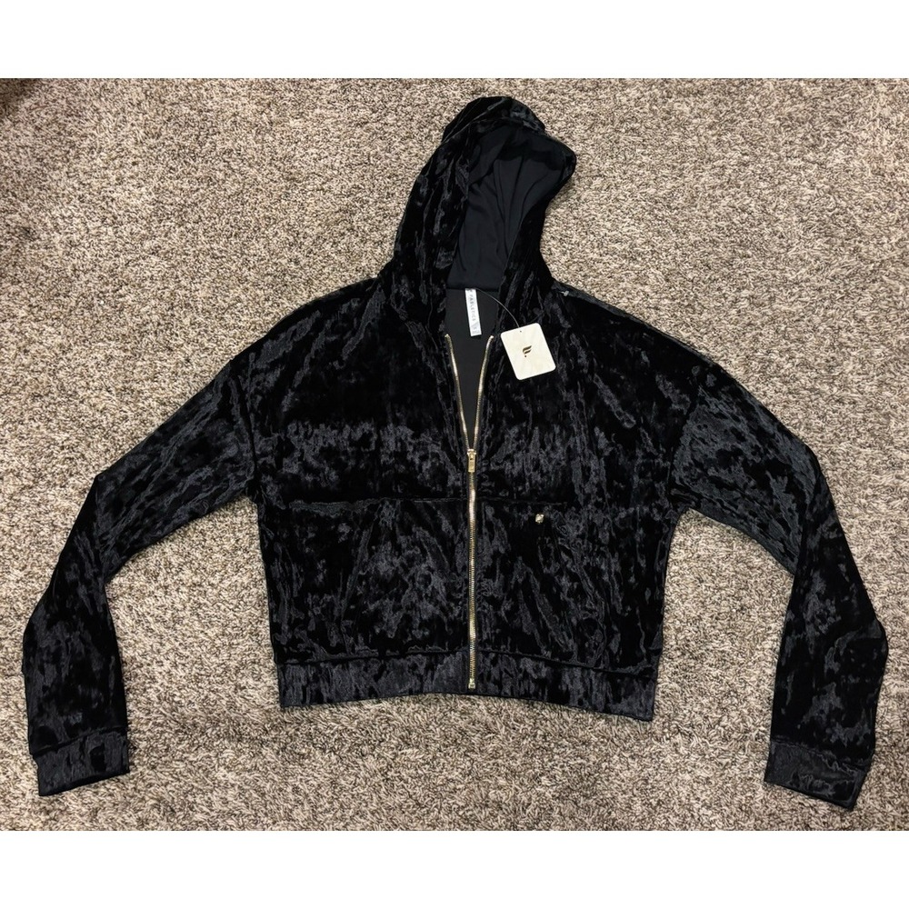 NWT Fabletics Black Crushed Velour Full Zip Hoodie Jacket Women’s Size M